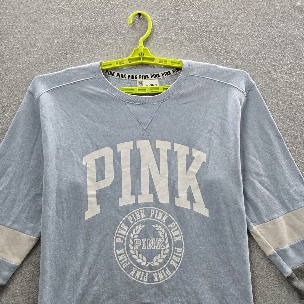 PINK Victoria's Secret Women Sweatshirt L Light Blue Colorblock Crew Neck Campus